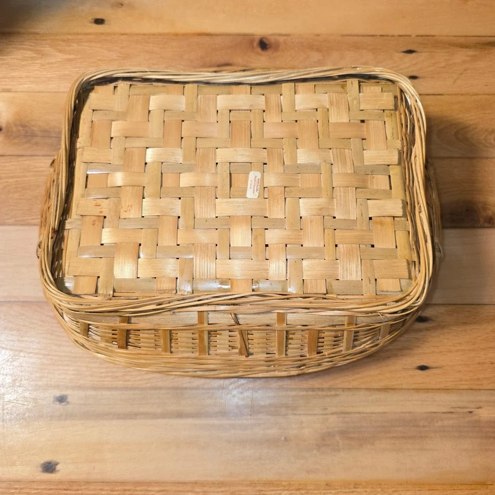 Vintage Woven Wicker Bamboo Serving Tray Basket with Handles Natural Brown